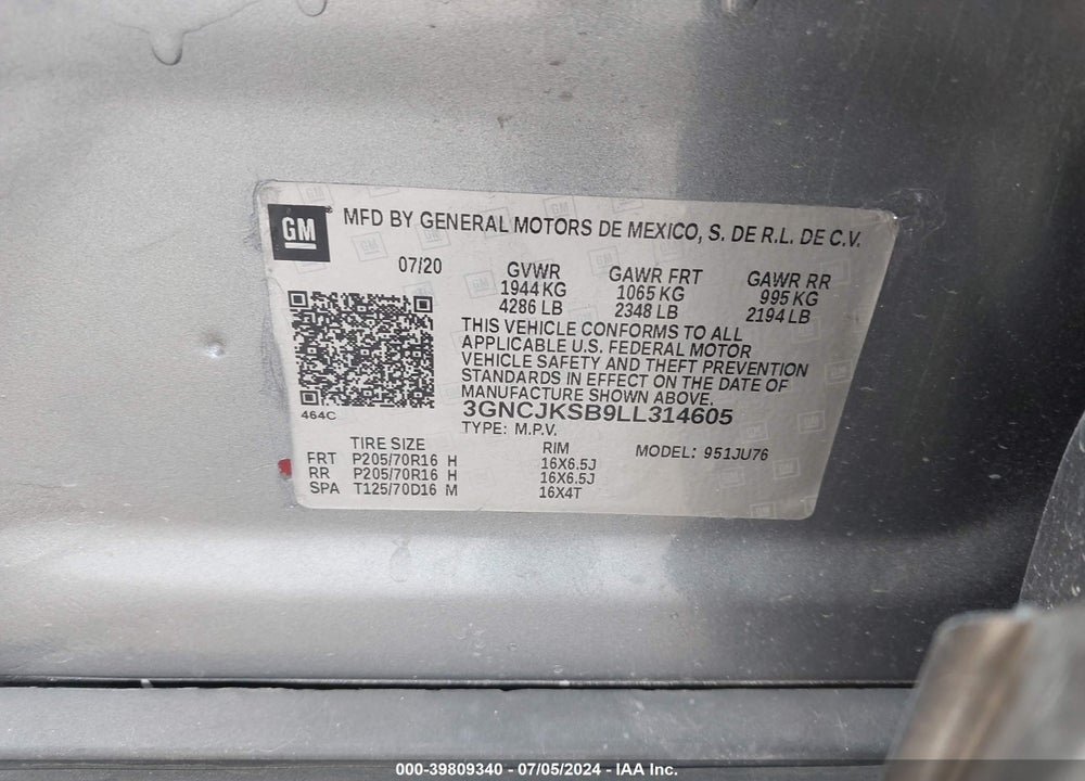 2020 CHEVROLET TRAX FWD LS VIN: 3GNCJKSB9LL314605