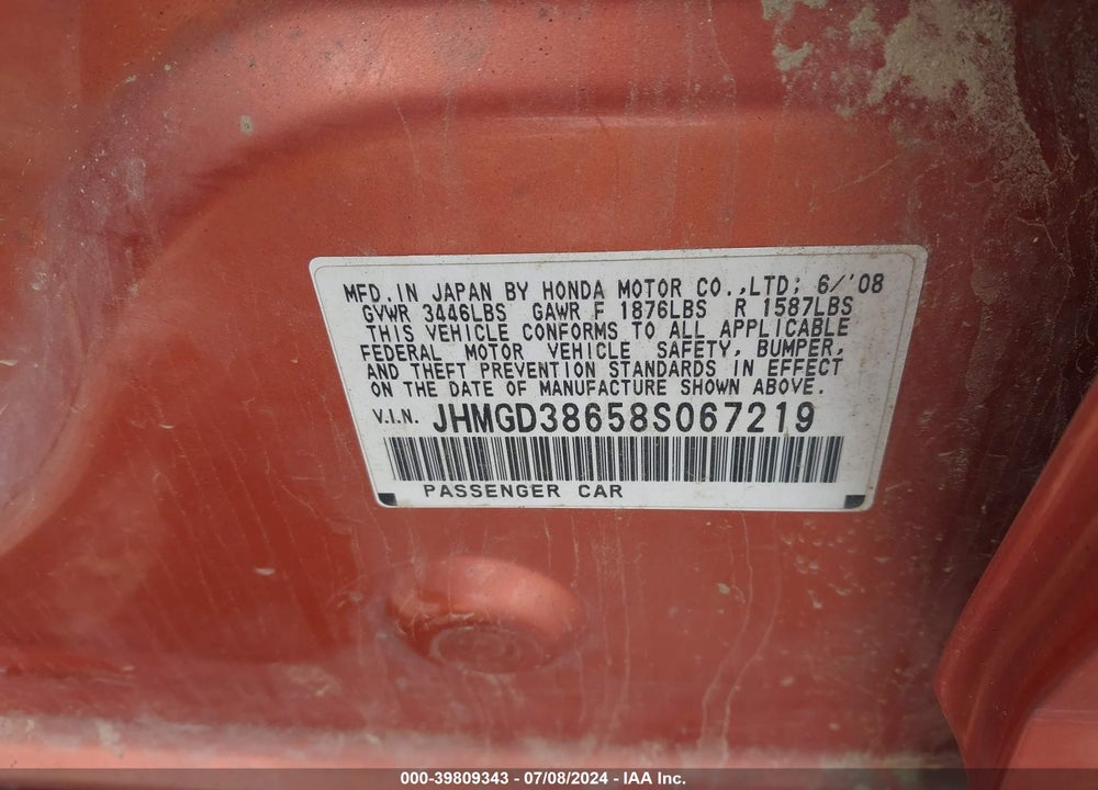 2008 HONDA FIT SPORT VIN: JHMGD38658S067219