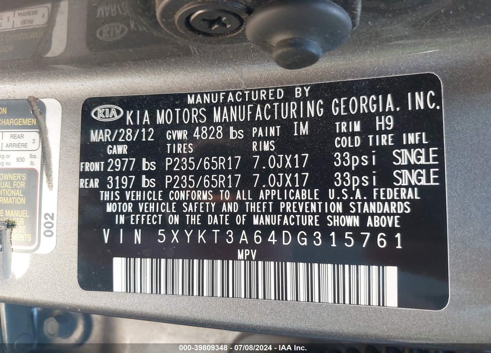 2013 KIA SORENTO VIN: 5XYKT3A64DG315761