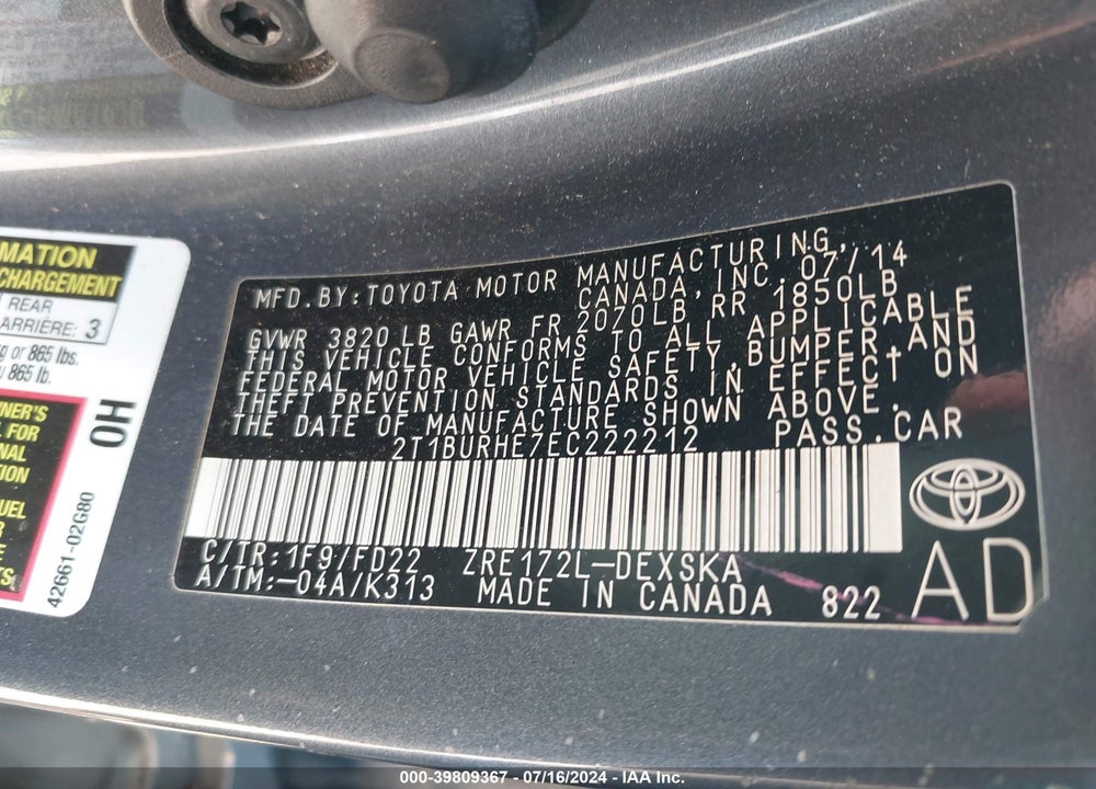 2014 TOYOTA COROLLA S PLUS VIN: 2T1BURHE7EC222212