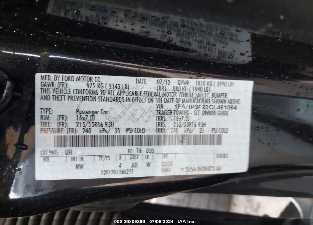 2012 FORD FOCUS SE VIN: 1FAHP3F23CL461064