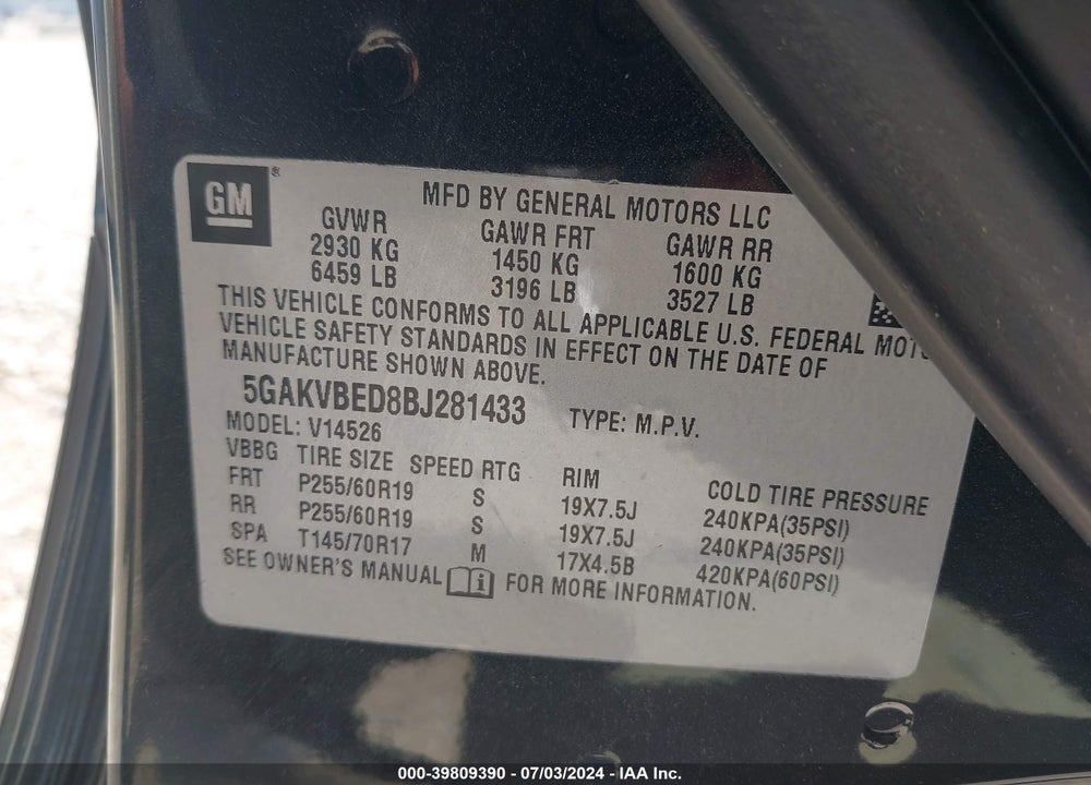 2011 BUICK ENCLAVE 1XL VIN: 5GAKVBED8BJ281433