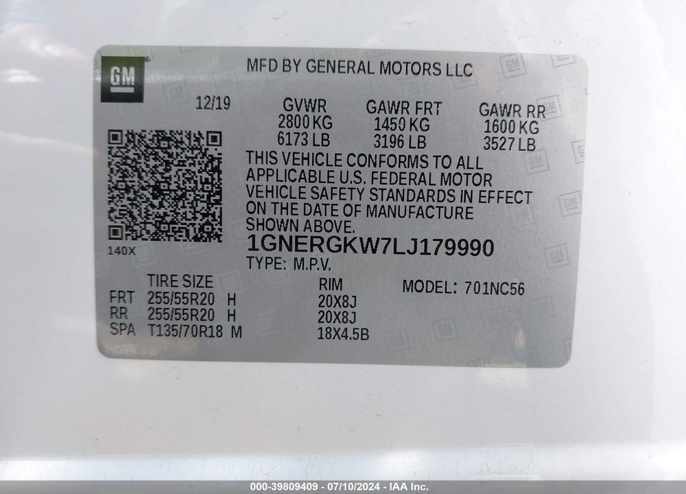2020 CHEVROLET TRAVERSE FWD LT CLOTH VIN: 1GNERGKW7LJ179990