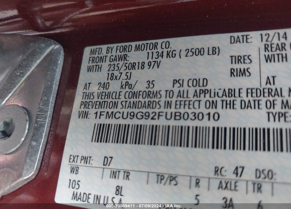 2015 FORD ESCAPE SE VIN: 1FMCU9G92FUB03010