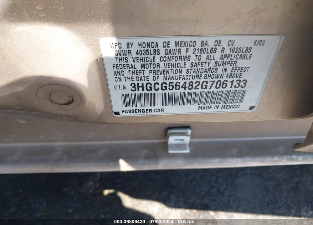 2002 HONDA ACCORD 2.3 LX VIN: 3HGCG56482G706133