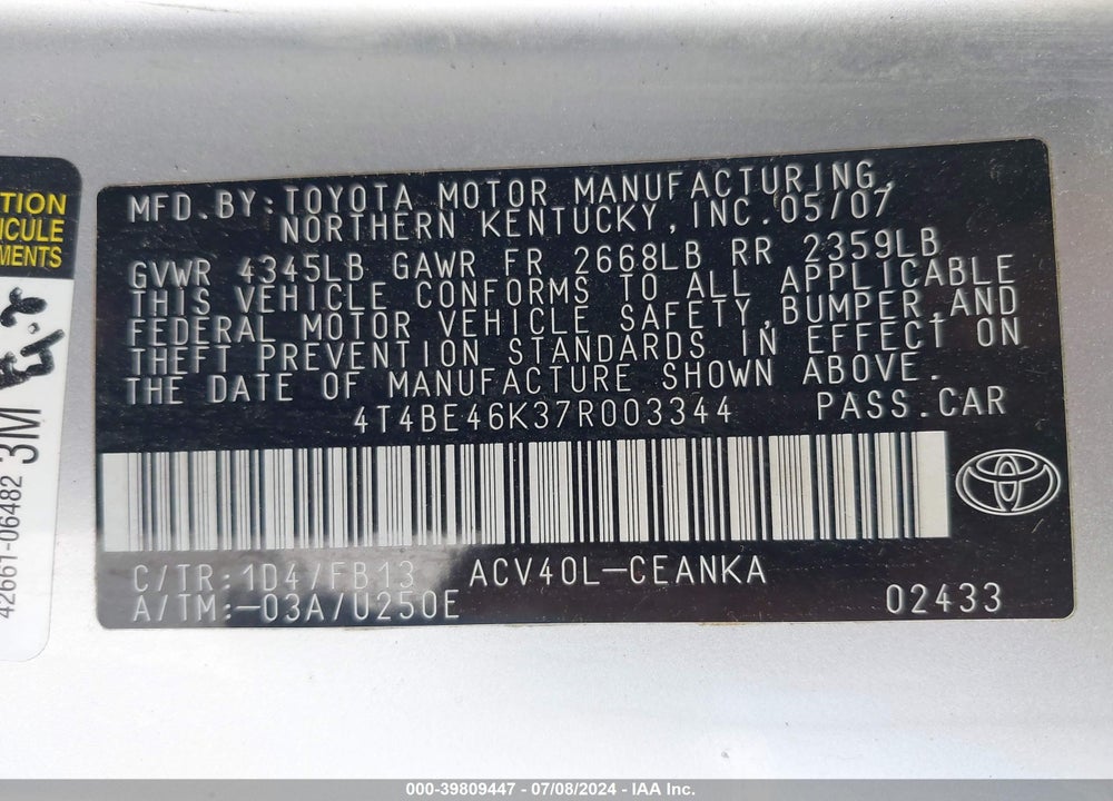 2007 TOYOTA CAMRY LE VIN: 4T4BE46K37R003344