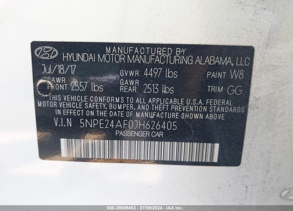 2018 HYUNDAI SONATA SE VIN: 5NPE24AF0JH626405