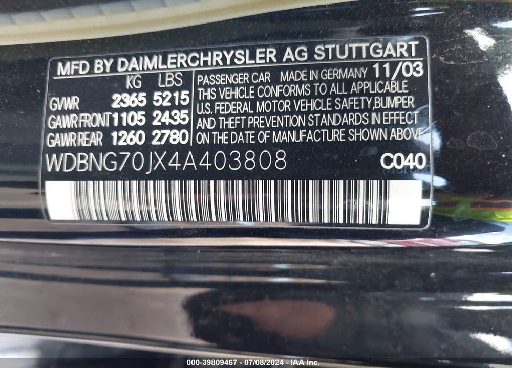 2004 MERCEDES-BENZ S 430 VIN: WDBNG70JX4A403808