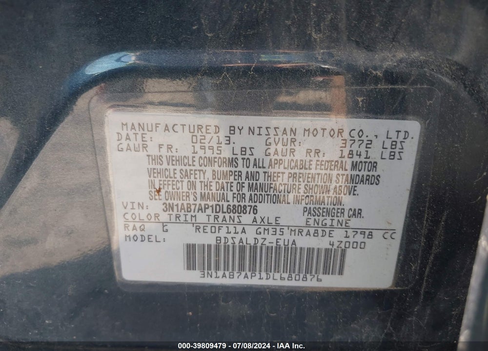 2013 NISSAN SENTRA SV VIN: 3N1AB7AP1DL680876