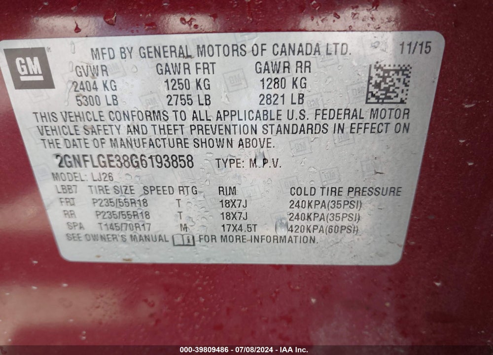 2016 CHEVROLET EQUINOX LTZ VIN: 2GNFLGE38G6193858