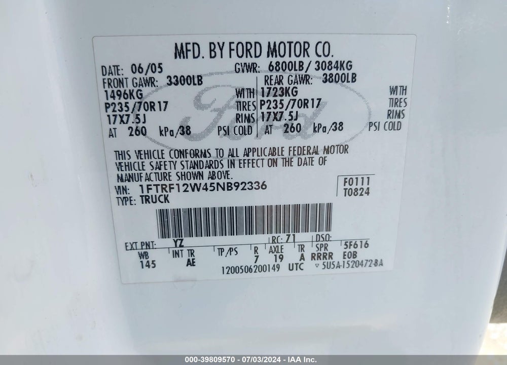 2005 FORD F-150 STX/XL/XLT VIN: 1FTRF12W45NB92336