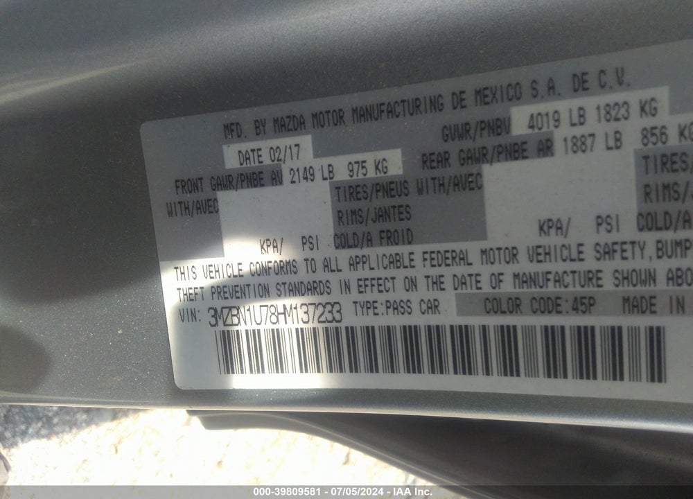 2017 MAZDA 3 SPORT VIN: 3MZBN1U78HM137233