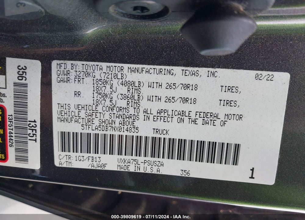 2022 TOYOTA TUNDRA SR5 VIN: 5TFLA5DB7NX014835