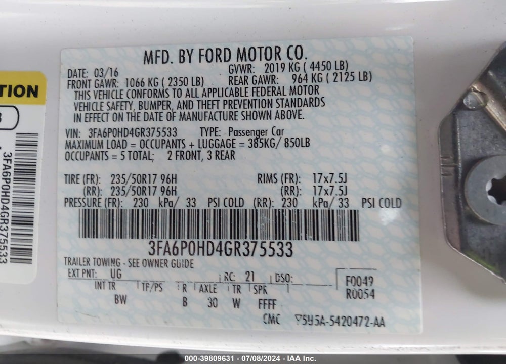 2016 FORD FUSION SE VIN: 3FA6P0HD4GR375533