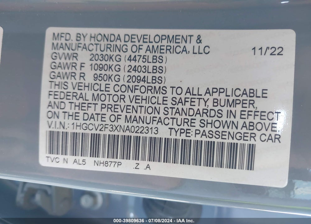 2022 HONDA ACCORD SPORT 2.0T VIN: 1HGCV2F3XNA022313