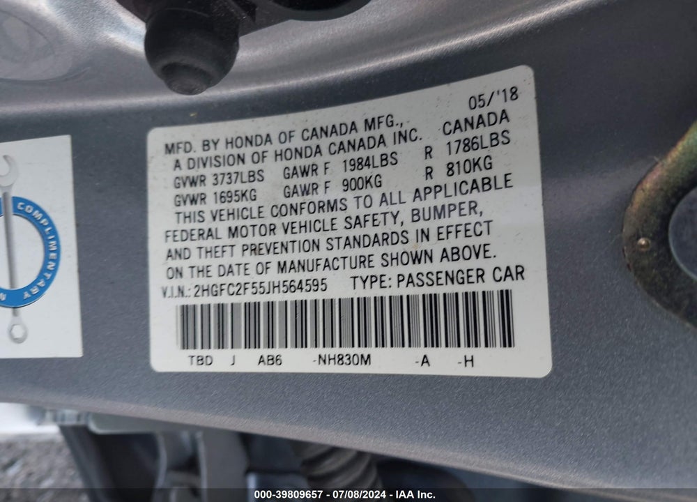 2018 HONDA CIVIC LX VIN: 2HGFC2F55JH564595