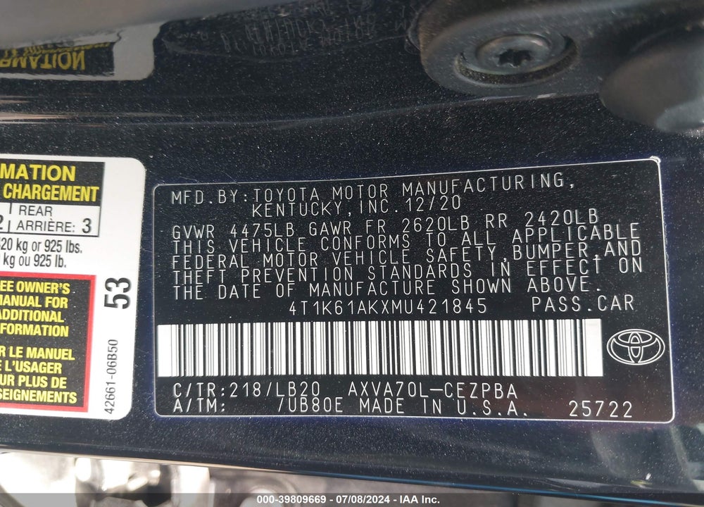 2021 TOYOTA CAMRY XSE VIN: 4T1K61AKXMU421845