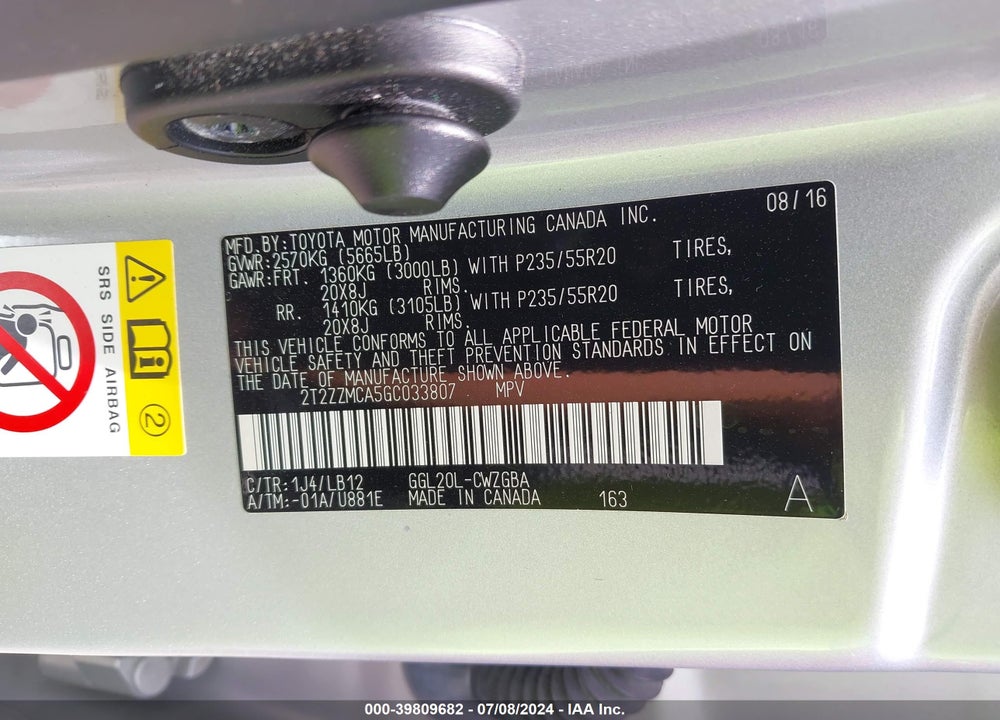 2016 LEXUS RX 350 VIN: 2T2ZZMCA5GC033807