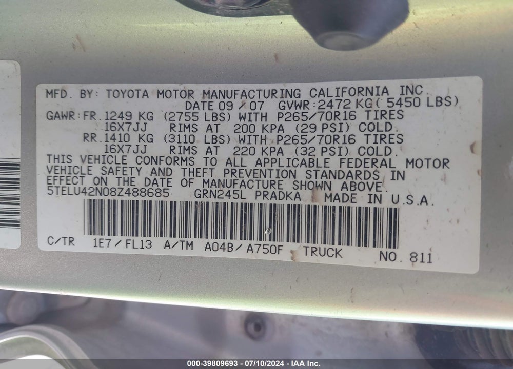 2008 TOYOTA TACOMA BASE V6 VIN: 5TELU42N08Z488685