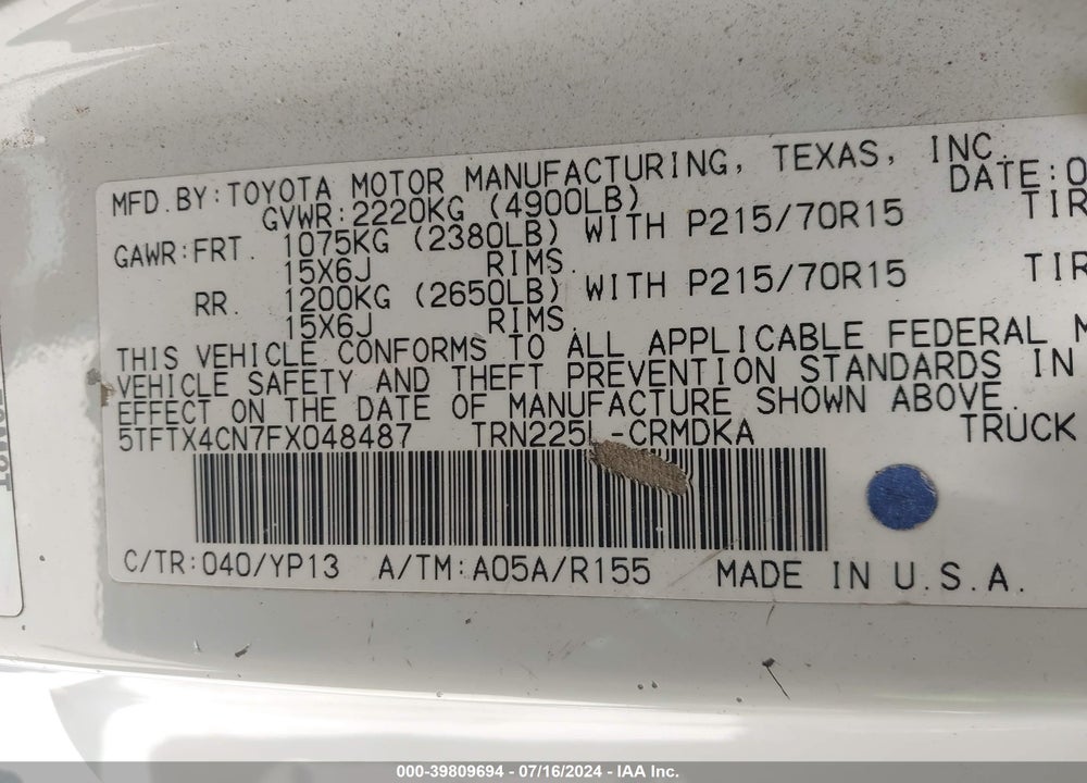 2015 TOYOTA TACOMA VIN: 5TFTX4CN7FX048487