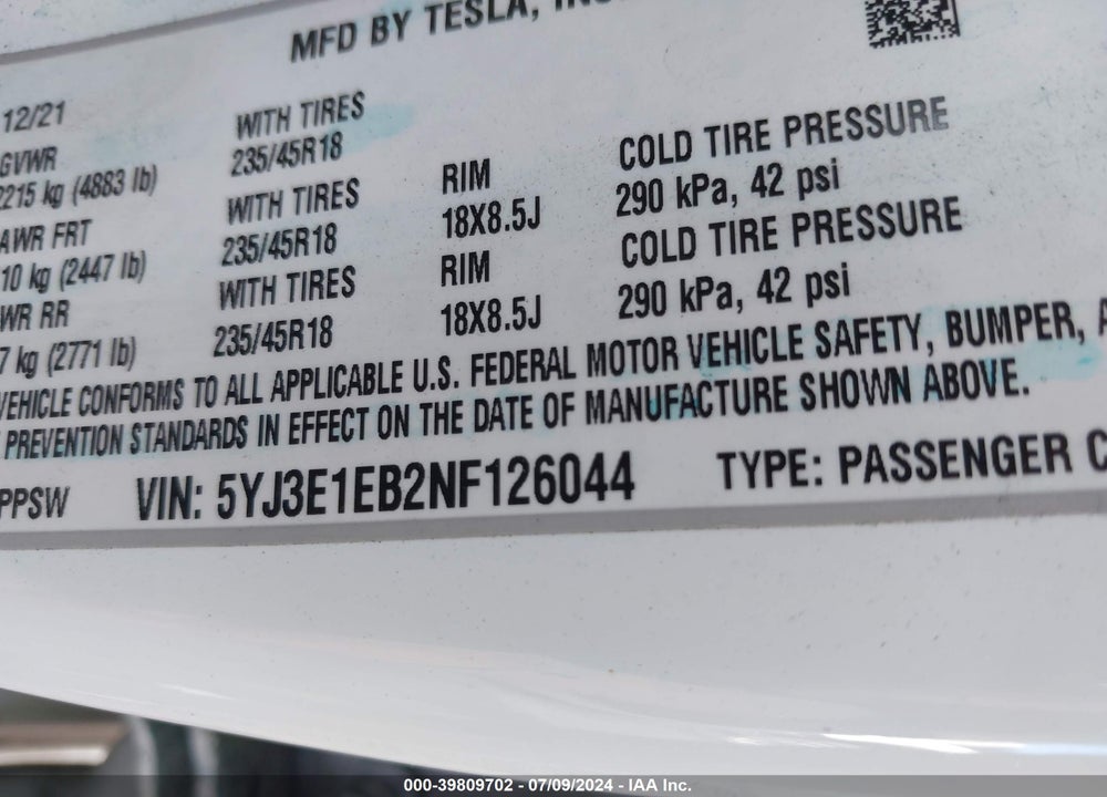 2022 TESLA MODEL 3 LONG RANGE DUAL MOTOR ALL-WHEEL DRIVE VIN: 5YJ3E1EB2NF126044