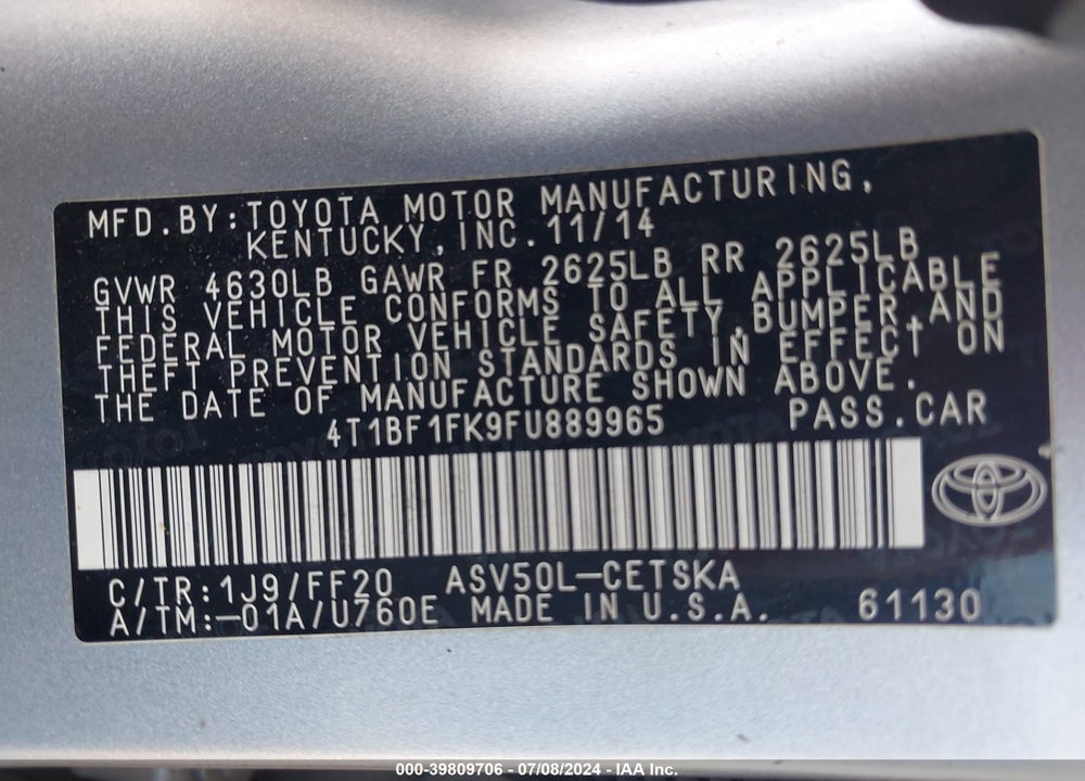 2015 TOYOTA CAMRY SE VIN: 4T1BF1FK9FU889965