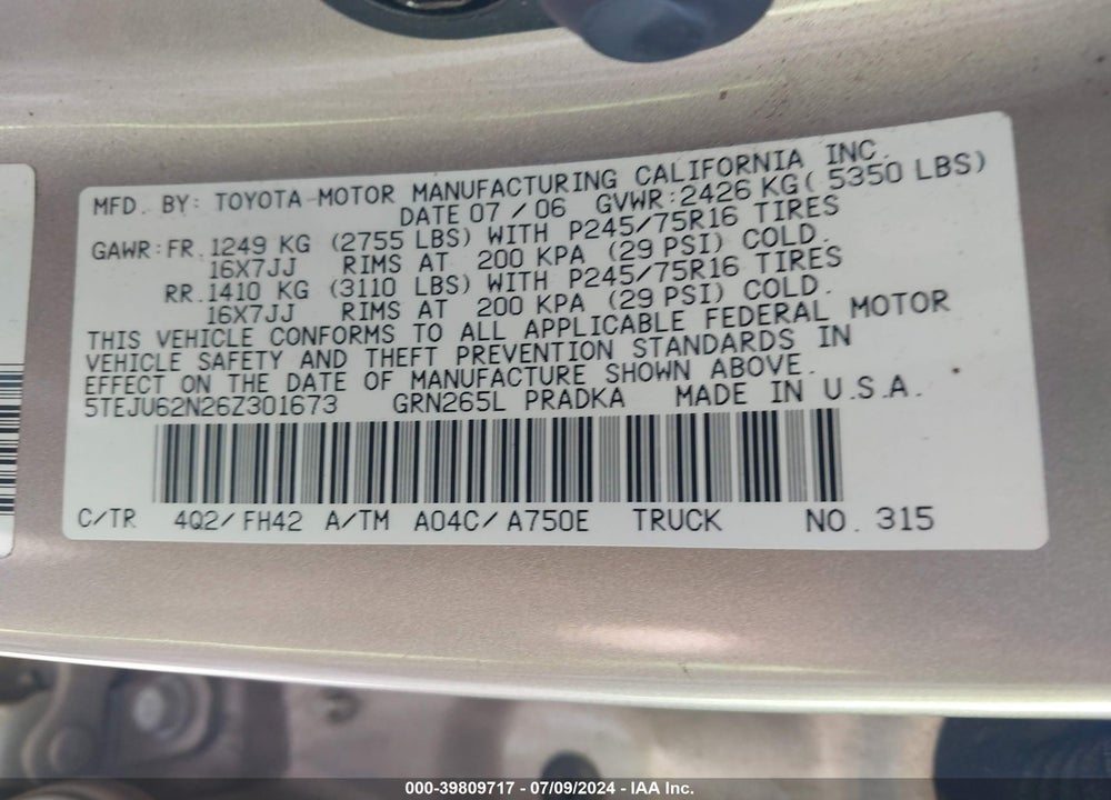 2006 TOYOTA TACOMA PRERUNNER V6 VIN: 5TEJU62N26Z301673