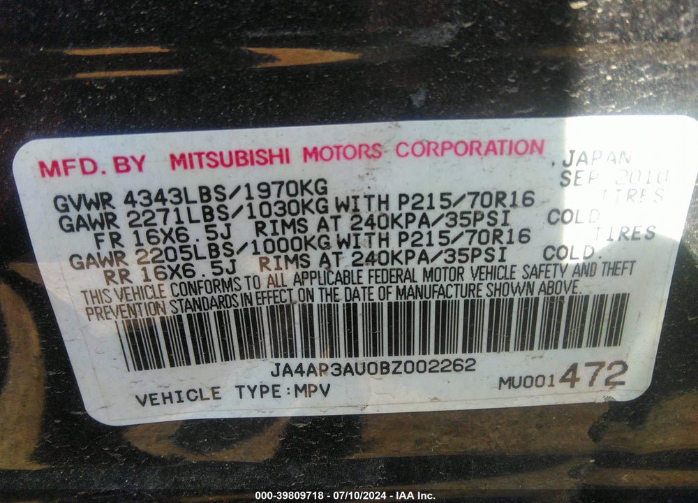 2011 MITSUBISHI OUTLANDER SPORT ES VIN: JA4AP3AU0BZ002262