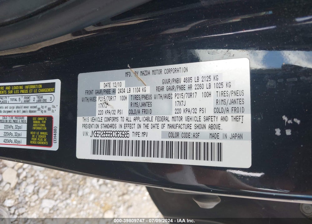2011 MAZDA CX-7 I SPORT VIN: JM3ER2B55B0363985