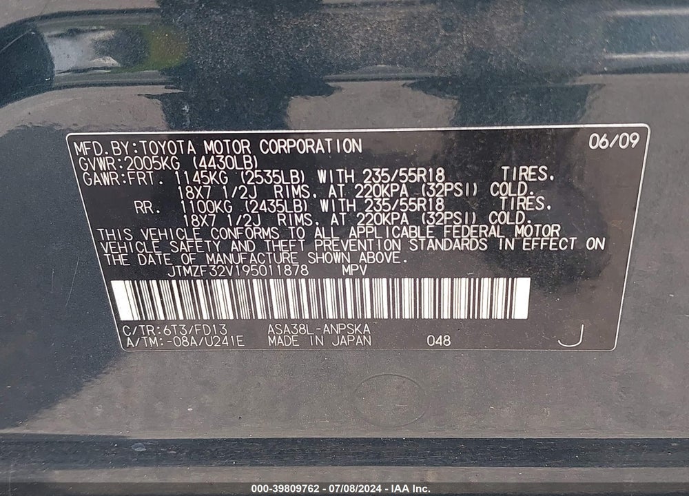 2009 TOYOTA RAV4 SPORT VIN: JTMZF32V195011878