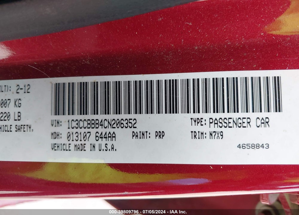 2012 CHRYSLER 200 TOURING VIN: 1C3CCBBB4CN206352