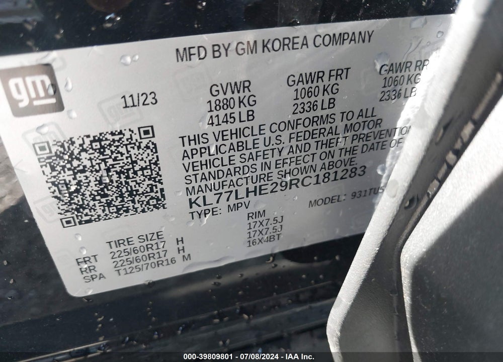 2024 CHEVROLET TRAX FWD LT VIN: KL77LHE29RC181283