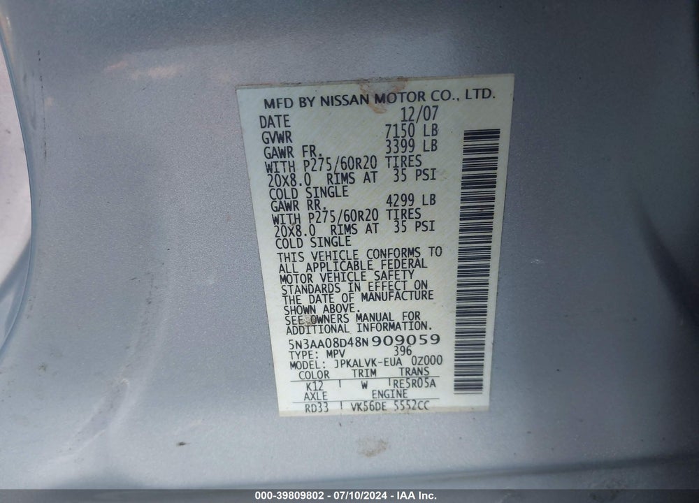 2008 INFINITI QX56 VIN: 5N3AA08D48N909059