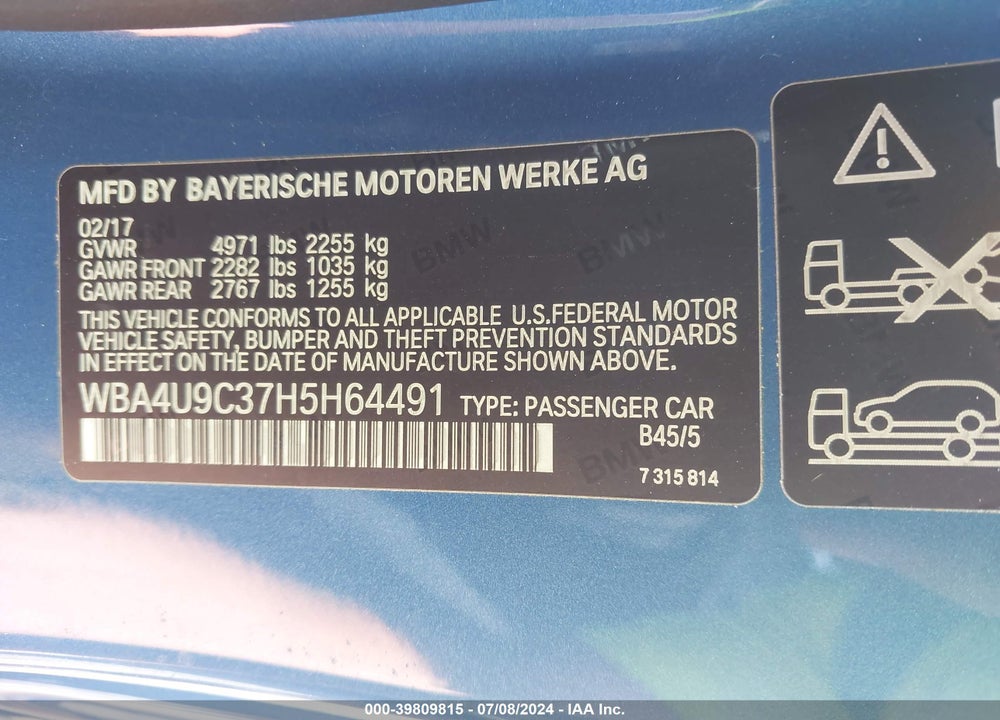 2017 BMW 430I XDRIVE VIN: WBA4U9C37H5H64491