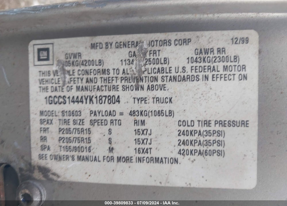 2000 CHEVROLET S-10 VIN: 1GCCS1444YK187804