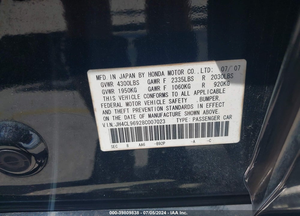 2008 ACURA TSX VIN: JH4CL96928C007023