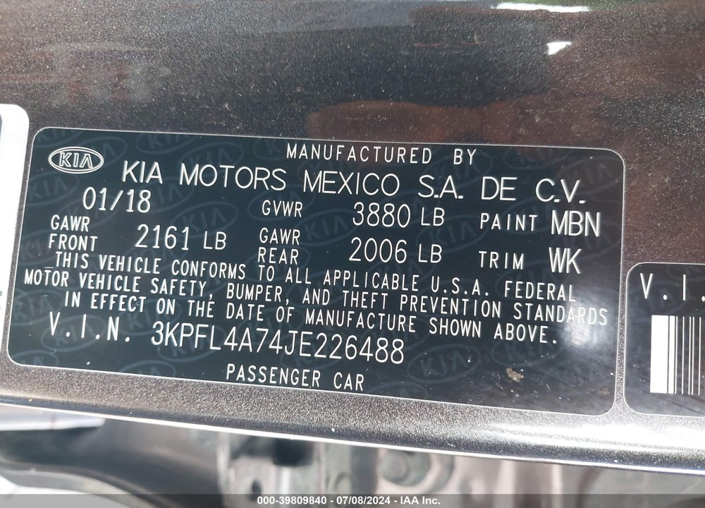 2018 KIA FORTE LX VIN: 3KPFL4A74JE226488