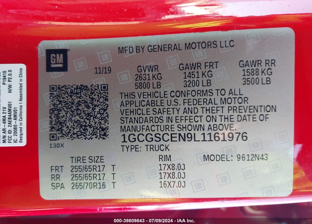 2020 CHEVROLET COLORADO 2WD SHORT BOX LT VIN: 1GCGSCEN9L1161976