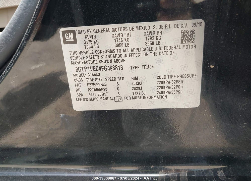 2015 GMC SIERRA 1500 SLT VIN: 3GTP1VEC4FG493813