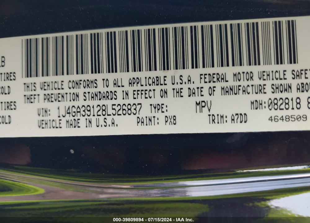 2008 JEEP WRANGLER UNLIMITED X VIN: 1J4GA39128L526837