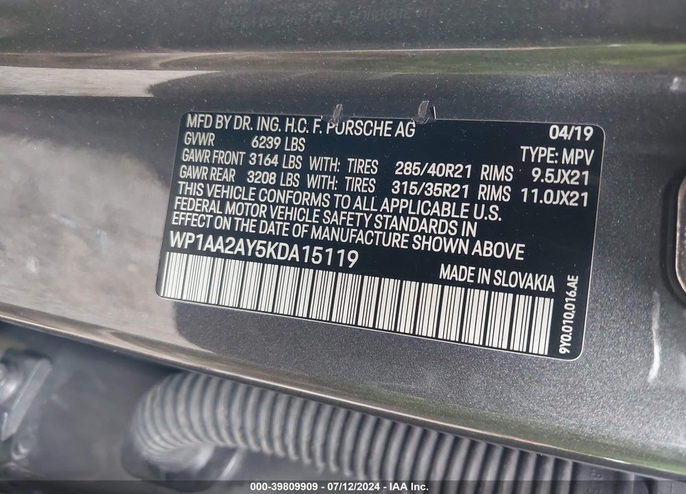 2019 PORSCHE CAYENNE VIN: WP1AA2AY5KDA15119