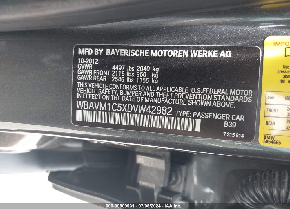 2013 BMW X1 SDRIVE28I VIN: WBAVM1C5XDVW42982