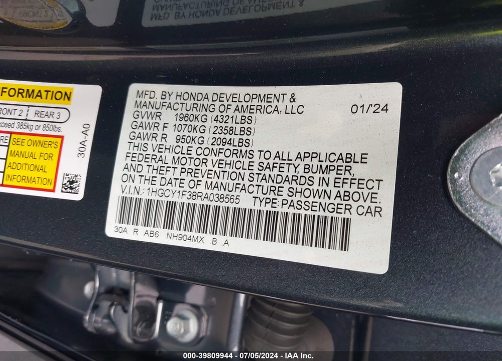 2024 HONDA ACCORD EX VIN: 1HGCY1F38RA038565