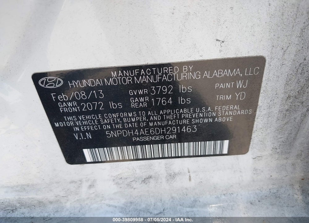 2013 HYUNDAI ELANTRA LIMITED VIN: 5NPDH4AE6DH291463