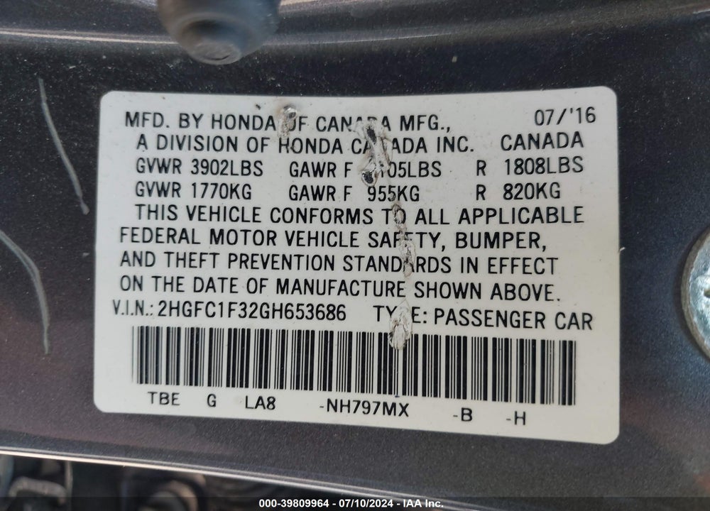 2016 HONDA CIVIC EX-T VIN: 2HGFC1F32GH653686