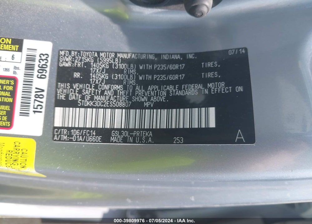 2014 TOYOTA SIENNA LE V6 8 PASSENGER VIN: 5TDKK3DC2ES508807