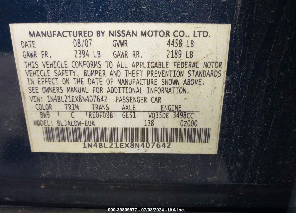 2008 NISSAN ALTIMA 3.5 SE VIN: 1N4BL21EX8N407642