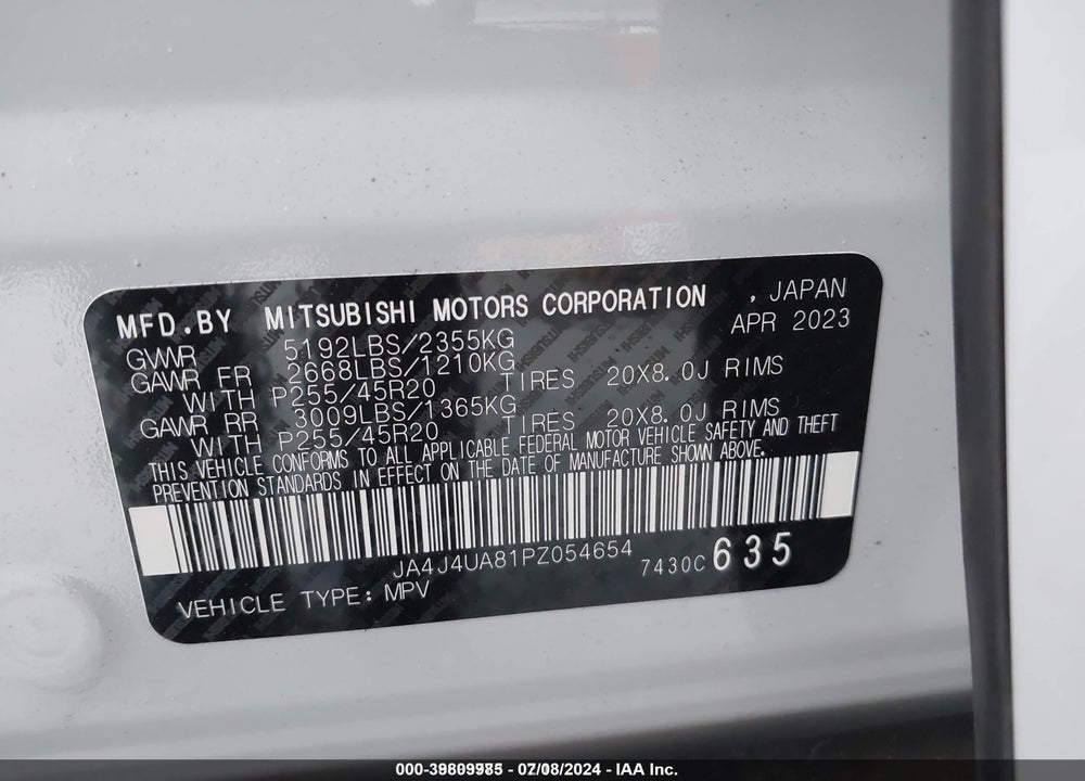 2023 MITSUBISHI OUTLANDER SE 2.5 S-AWC VIN: JA4J4UA81PZ054654