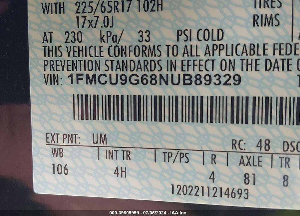 2022 FORD ESCAPE SE VIN: 1FMCU9G68NUB89329