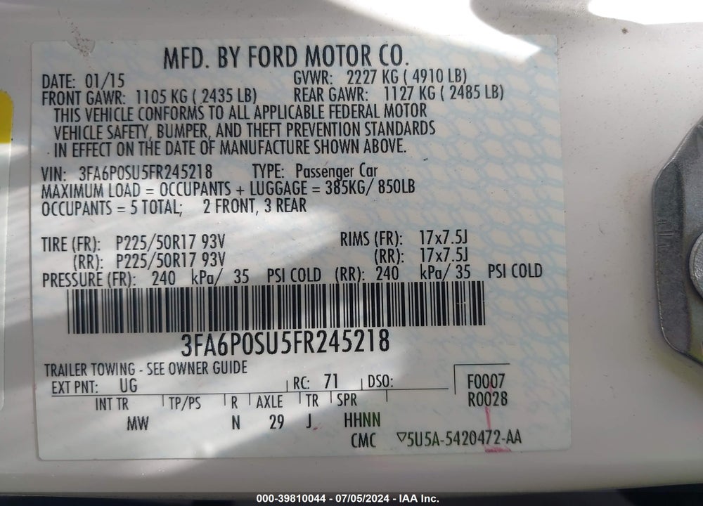 2015 FORD FUSION ENERGI TITANIUM VIN: 3FA6P0SU5FR245218